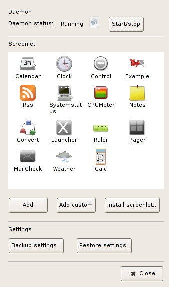 screenlets control panel