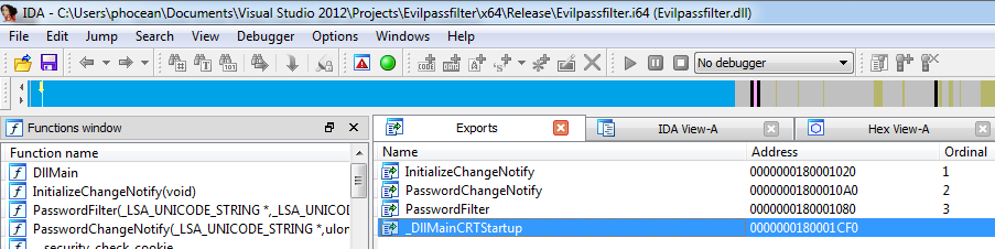 Evilpassfilter.dll exports seen in IDA